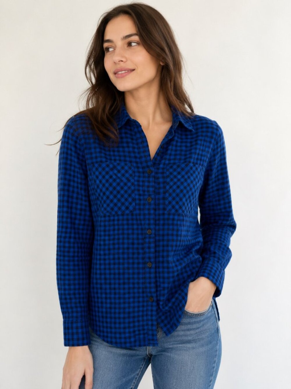 J. Crew Petite Buffalo Check Flannel Shirt Blue Black Plaid 4P